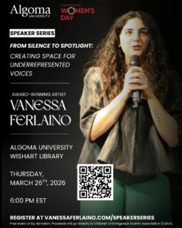 Join us this International Women’s Month for From Silence to Spotlight with award-winning artist, author, and speaker Vanessa Ferlaino.

Hear her powerful journey as an underrepresented artist and how she uses music, storytelling, and philanthropy to uplift diverse voices and strengthen representation in media.

📅 Thursday, March 26, 2026
🕕 6 p.m. EST
📍 Arthur A. Wishart Library
🎟️ Free or by donation (supporting the Children of Shingwauk Alumni Association)
🔗 Register online via Vanessa’s webpage