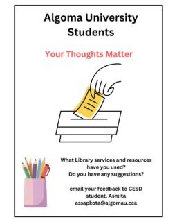📚 We want to hear from you, Algoma students!

What library services and resources do you use most at the Wishart Library?
Study spaces? Research help? Workshops? Tech loans? Something else?

Your feedback helps us improve what we offer and create services that better support your learning and campus experience. We’d also love to hear any ideas or suggestions you have!

Please share your thoughts by emailing our CESD placement student, Asmita, at assapkota@algomau.ca

Thank you for helping us make the library even better for everyone 💙

#AlgomaU #WishartLibrary #StudentVoice #LibraryLife #CampusCommunity