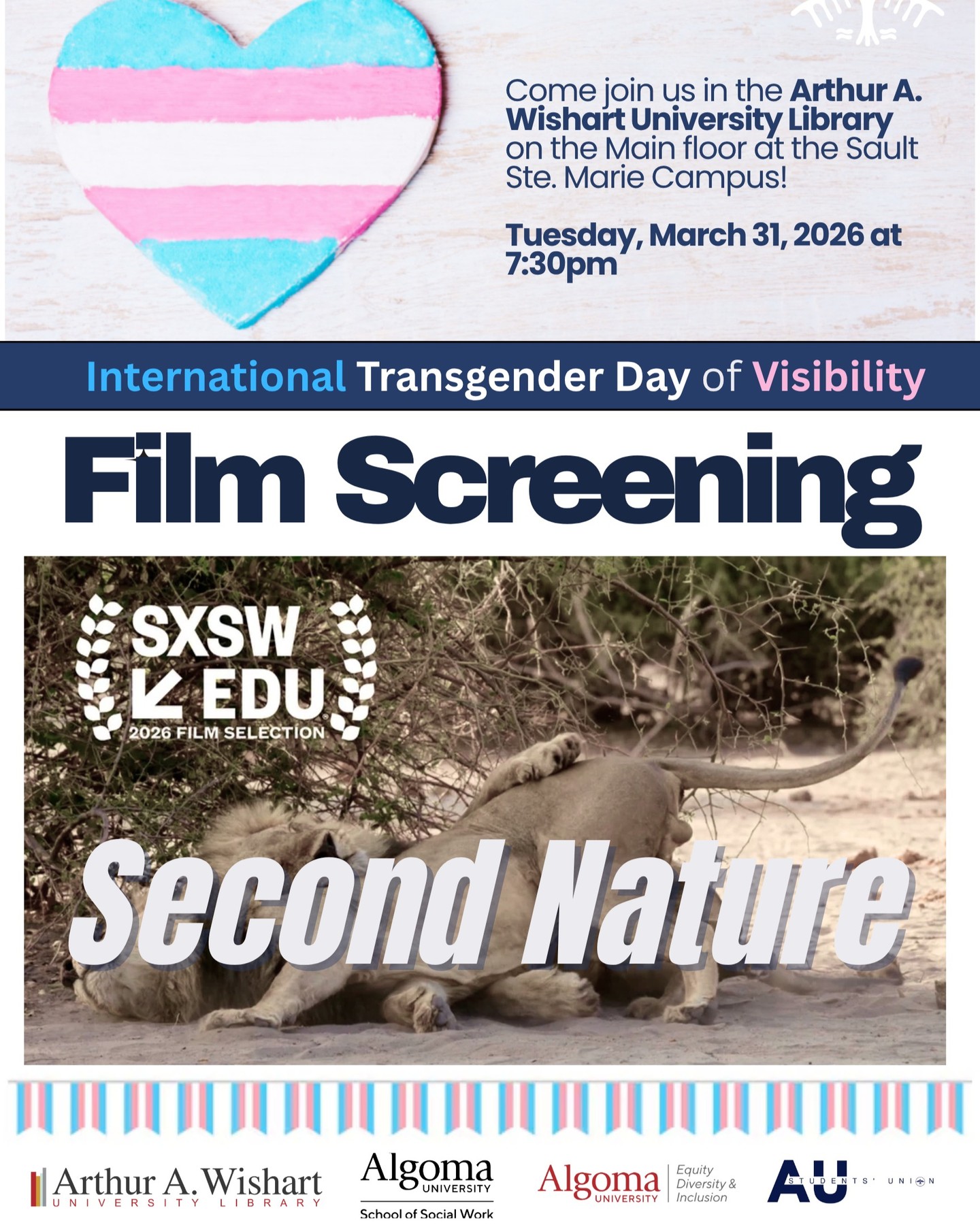 🎬✨ Movie Night for International Trans Day of Visibility ✨🎬

Join us in celebrating and honoring Trans Day of Visibility with a special movie screening!

📅 Tuesday, March 31
🕢 7:30 PM
📍 Arthur A. Wishart Library

We’ll be screening Second Nature — come watch, connect, and celebrate together. All students, staff, and faculty are welcome!

Bring a friend and join us! 💙💗🤍