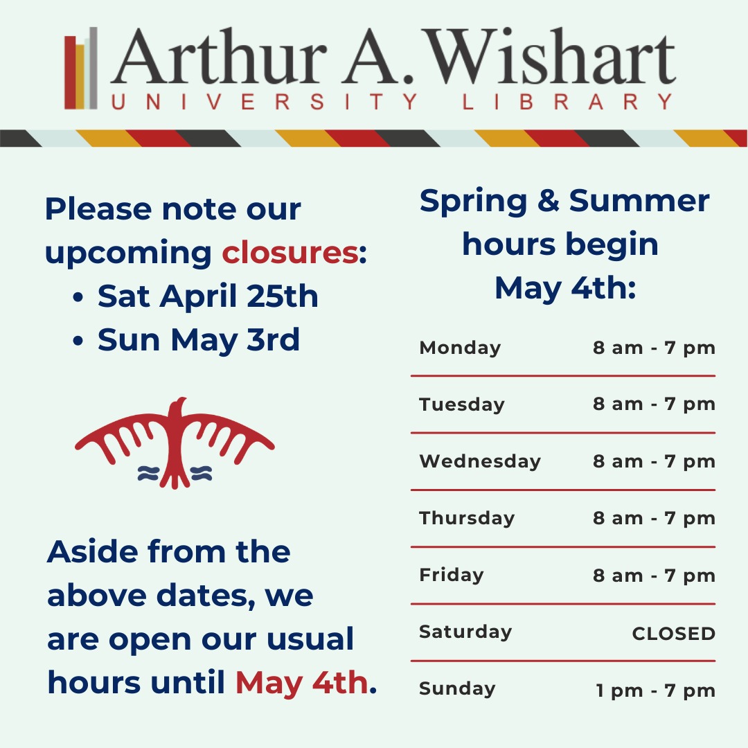 It's the end of another great term here at Algoma U! 

If you're still finishing up work, or just want to hang out, the library remains open 8am-10pm Monday-Friday and 12pm-7pm Saturday and Sunday until our spring and summer term hours begin on May 4th. 

Please note ***we will be closed*** this Saturday, April 25th, and the following Sunday, May 3rd. 

See you in the library!