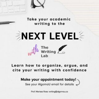 Struggling with structure? Unsure about citations? Want stronger arguments?

The Writing Lab can help you level up your academic writing. 💬✍️

Book your appointment today and gain the confidence you need for your next assignment.

Check your AlgomaU email for details!

#AlgomaUniversity #LibrarySupport #WritingHelp #NextLevel #authunderbirds