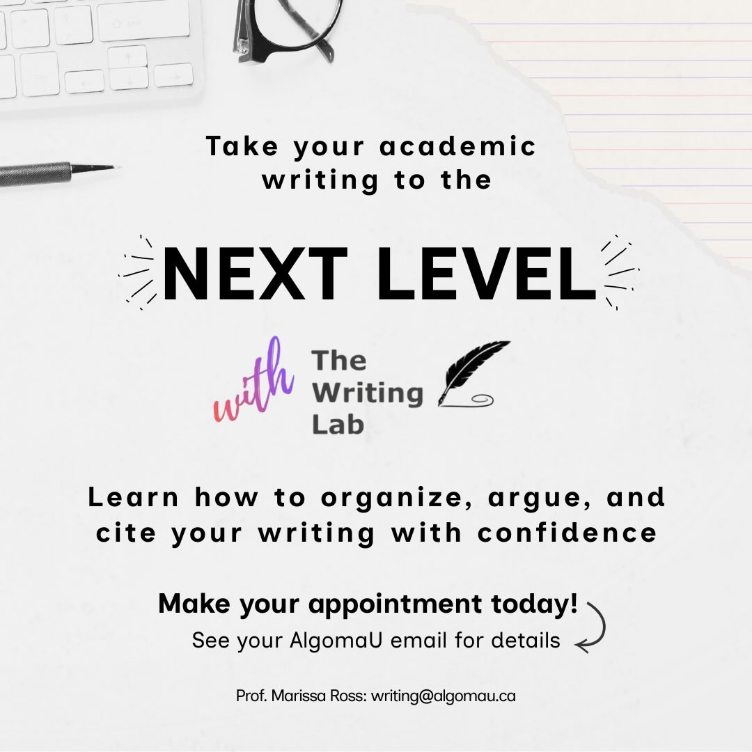 Struggling with structure? Unsure about citations? Want stronger arguments?

The Writing Lab can help you level up your academic writing. 💬✍️

Book your appointment today and gain the confidence you need for your next assignment.

Check your AlgomaU email for details!

#AlgomaUniversity #LibrarySupport #WritingHelp #NextLevel #authunderbirds